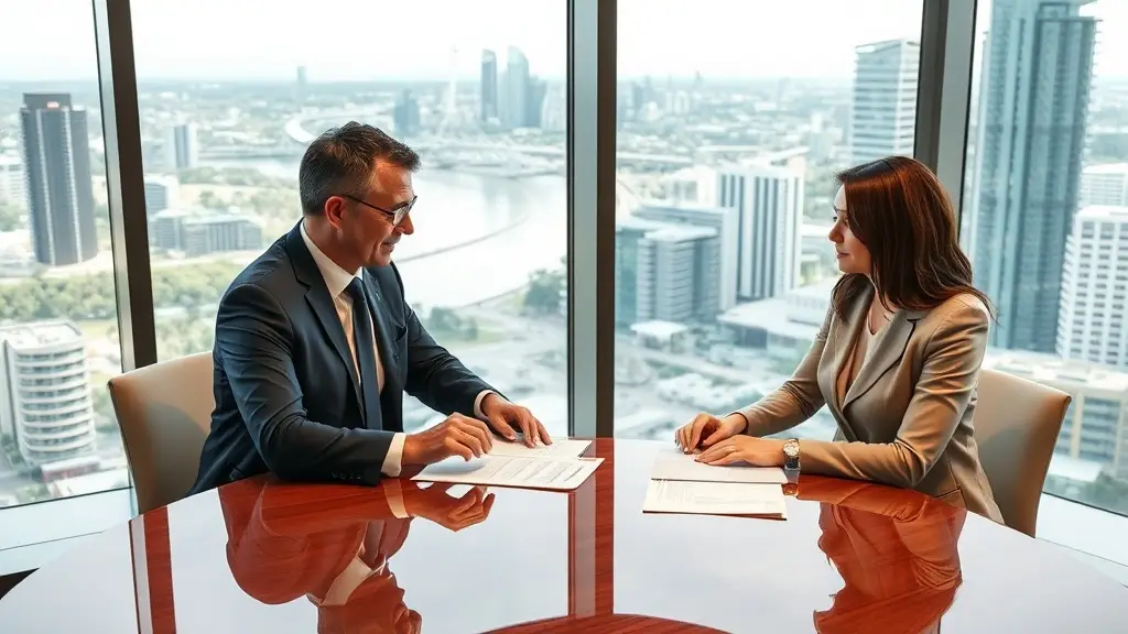 Solicitor consulting with a business client in a Brisbane law office overlooking the Brisbane River — how to hire a solicitor Australia