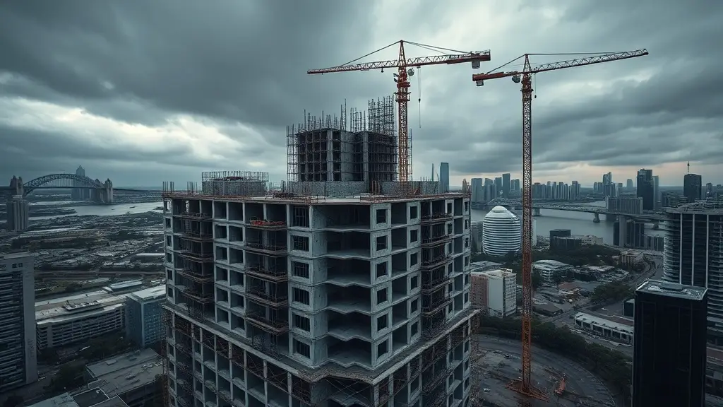 Abandoned high-rise construction site in Brisbane Queensland with idle cranes and stormy sky — builder insolvency and subcontractor collapse
