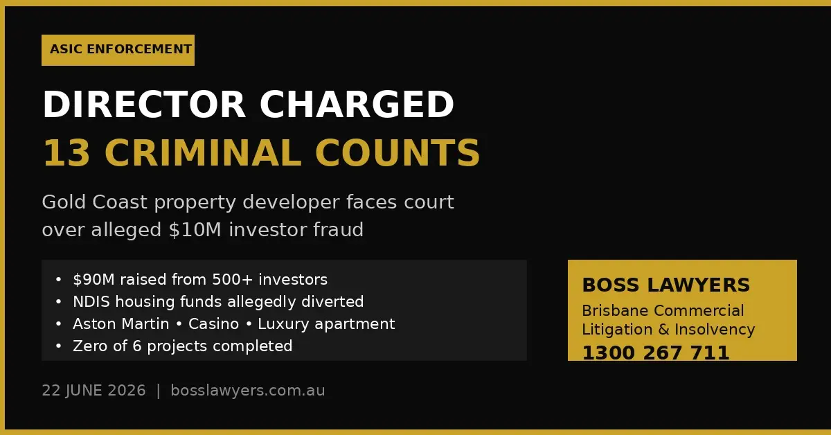 Gold Coast director David McWilliams charged with 13 criminal counts by ASIC over alleged $10M investor fraud — Boss Lawyers Brisbane